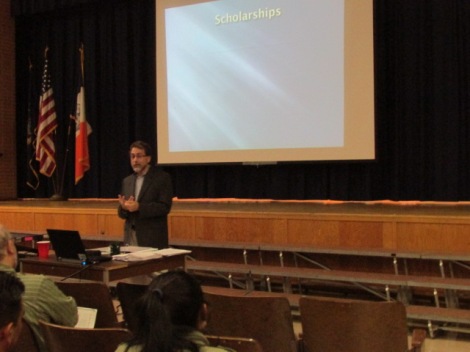 Guidance counselor Vincent Lumetta explaining how students can apply for scholarships.