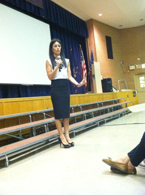 Liz Cho is telling the students about the experiences that she had before becoming a broadcast journalist. Picture by Chris Dadic.