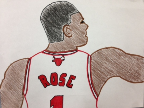 Derrick Rose has long awaited arrival onto the courts of the NBA after an ACL injury. He walks out showing off the colors of his Chicago Bulls jersey. Drawing by Jody Yip, Photography Editor.