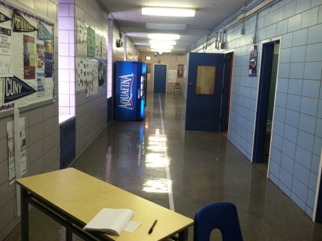 On Monday, December 9, 2013, there was a bathroom flood on the third floor of our school. Here is the hallway where the flood occurred post clean up. Photo taken by Nadine Cavanaugh.